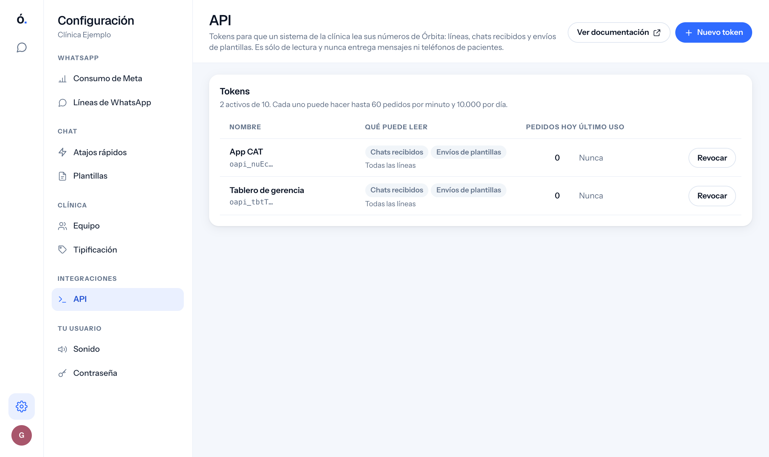 Configuración › API en Órbita