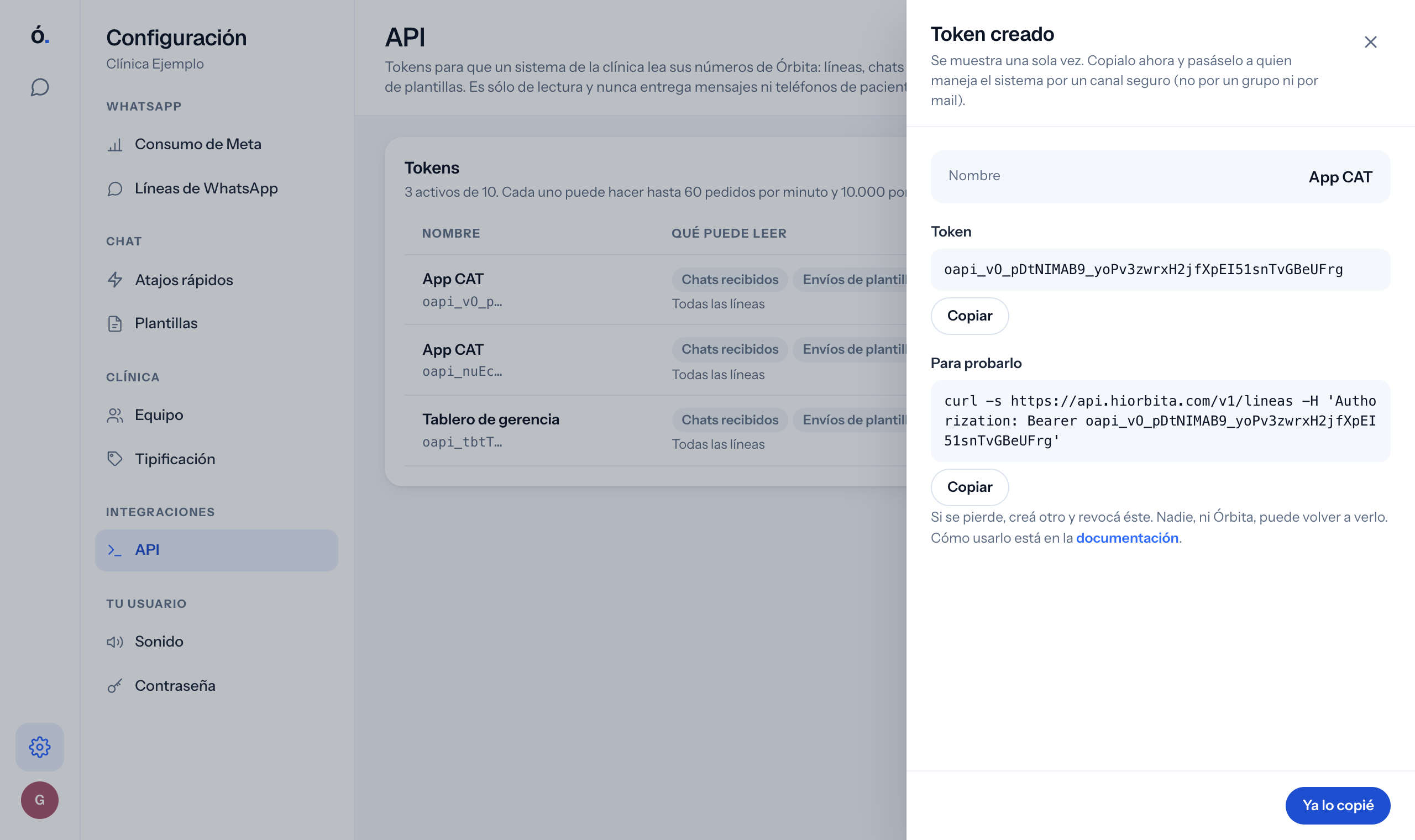 Panel Token creado